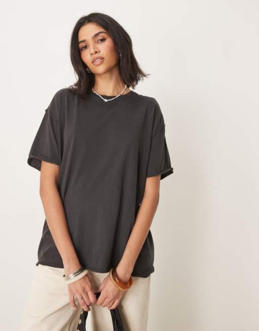 We The Free People Women's MD Black Nina Oversized Tee Shirt Streetwear T5-13